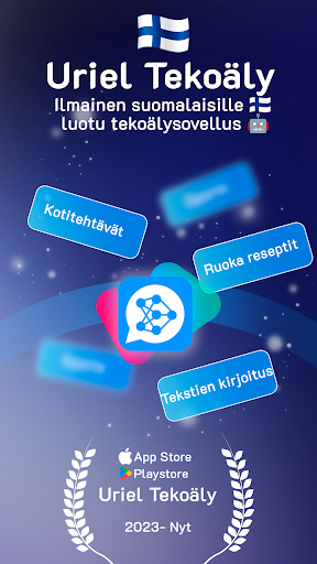 Uriel Tekoäly -sovelluksen kauppakuva: ilmainen suomalaisille luotu tekoälysovellus, aiheina kotitehtävät, ruokareseptit ja tekstien kirjoitus